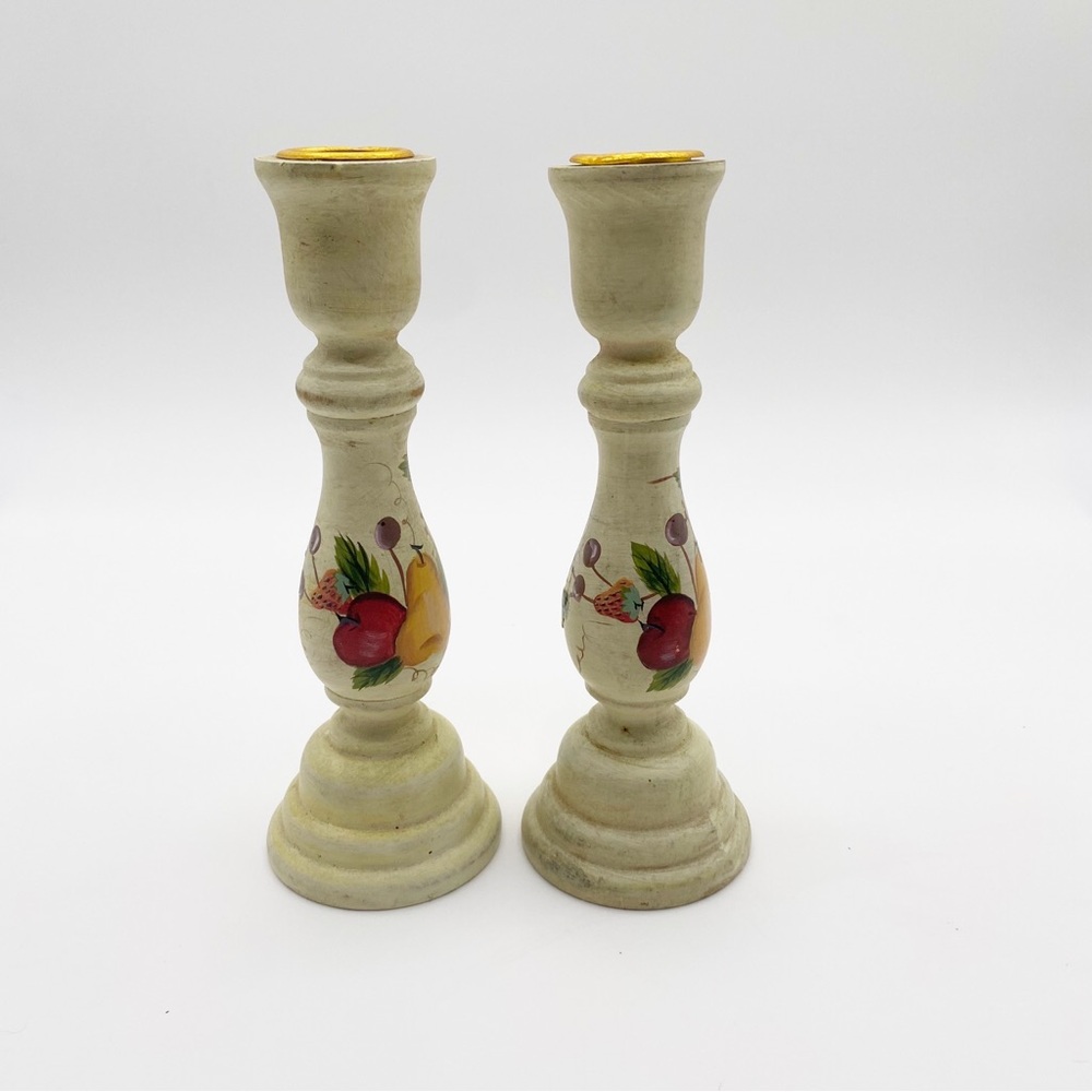 Hand Painted Wooden Candle Sticks Fruit Painting Candle Stick almost 7” Long
